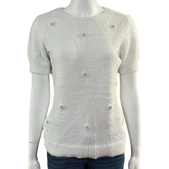 Elle Womens White Fuzzy Short Sleeve Beaded Rhinestone Flower Sweater Size M - Picture 1 of 9